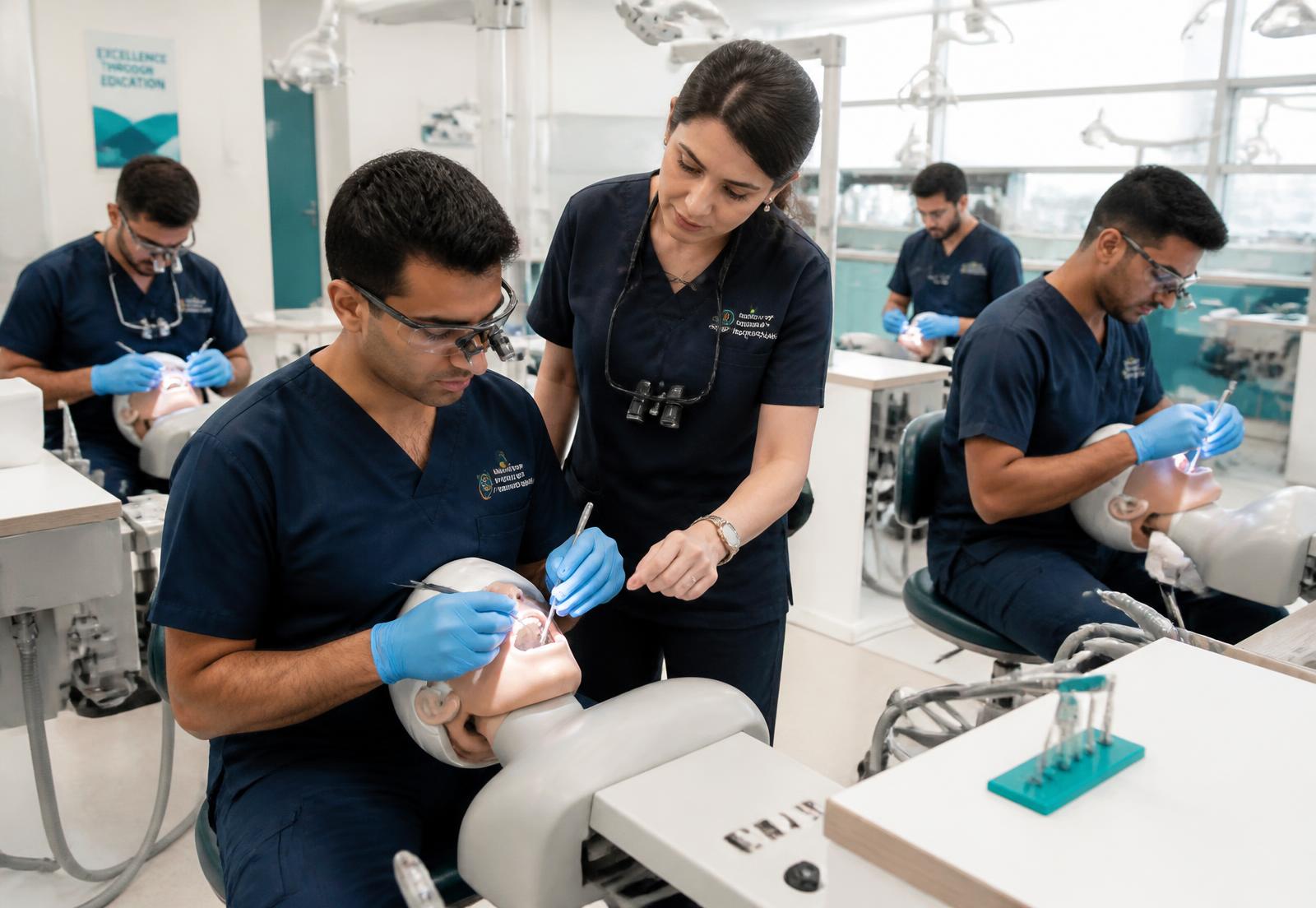 Alunos de pós-graduação em odontologia em laboratório de treinamento